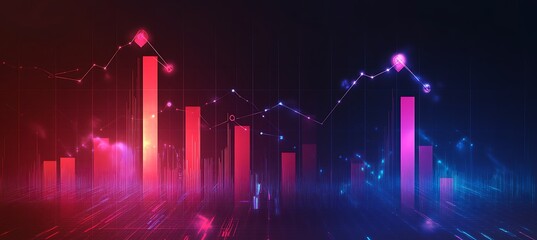 Poster - A conceptual image of a business growth chart rising upwards with digital arrows and icons, set against a futuristic background.