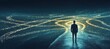 © Huzaifa - A conceptual image of a businessman standing at a digital crossroads with multiple glowing paths, representing choices in business, set against a futuristic background.