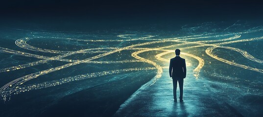 Poster - A conceptual image of a businessman standing at a digital crossroads with multiple glowing paths, representing choices in business, set against a futuristic background.