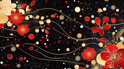 Poster - abstract floral motifs with a vibrant mix of red and gold, creating an energetic and festive new yea