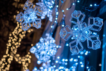 Wall Mural - Glowing crystal snowflakes with blue and warm golden bokeh lights in a festive holiday setting