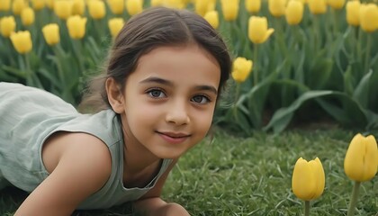 young kid smile crawling on grass ground with yellow tulip blooming at nature park, beautiful detailed eyes, beautiful detailed lips, extremely detailed face and features, long eyelashes, elegant pose