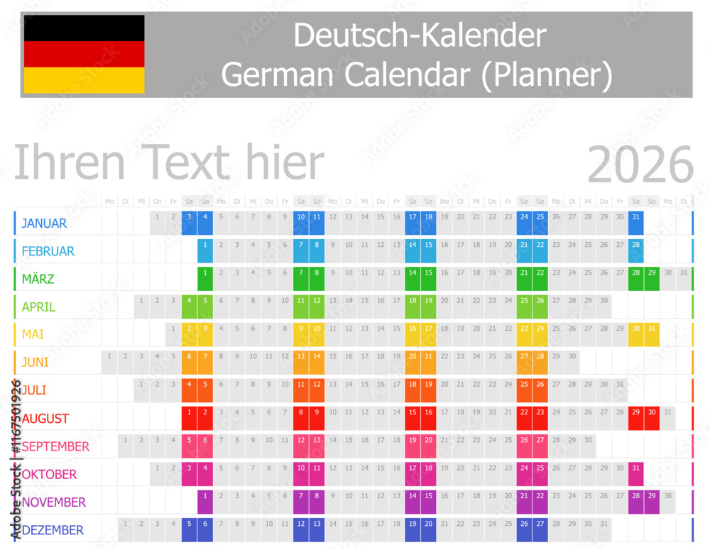 2026 German Planner Calendar with Horizontal Months on white background