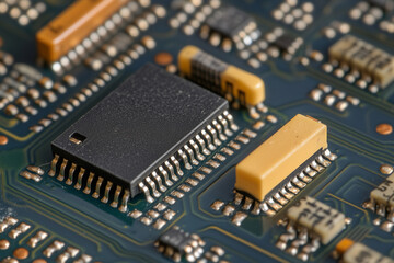 Poster - close up of a computer chip. The chip is black and yellow. The yellow part is the top of the chip