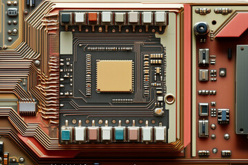 Poster -  close up of a computer chip with a lot of wires and components. Concept of complexity and intricacy, as the various parts and wires are all interconnected and interdependent