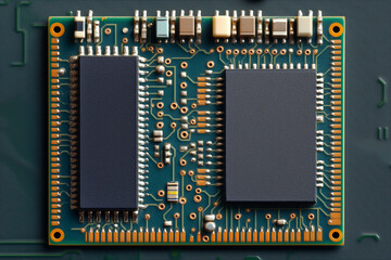 Poster - black and green electronic board with a black chip on it. The board is made of metal and has a lot of wires