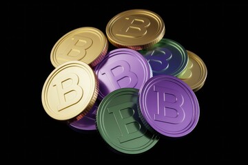 Poster - A pile of colorful Bitcoin cryptocurrency coins, symbolizing digital currency and blockchain technology.