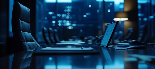 Poster - a dynamic image of a business meeting with a focus on the screen displaying a business proposal, set