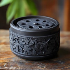 Wall Mural - A black ceramic bowl with a leaf design sits on a wooden table