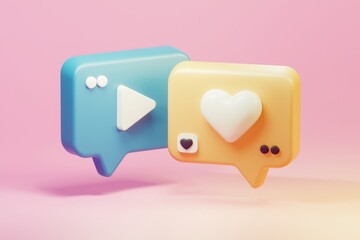Poster - 3D rendered pastel-colored speech bubbles with play and heart icons representing social media interaction.