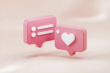 Poster - 3D render of pink speech bubbles with a heart, representing social media likes and comments.