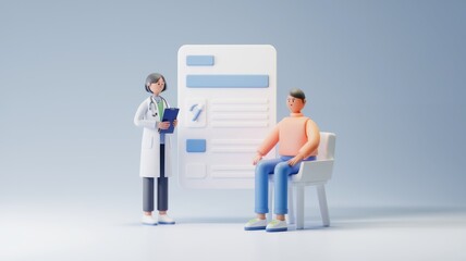 Poster - A 3D illustration of a doctor consulting a patient, reviewing a medical form.