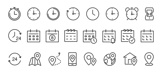 Wall Mural - time, date and address line icons set. editable stroke for mobile and web. isolated on white backgro