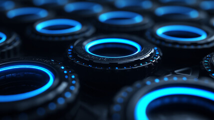 Poster - Abstract glowing tech rings in blue and black tones. Perfect for futuristic visuals, tech branding, and digital backgrounds.
