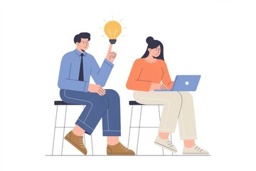 Aufkleber - Man has a bright idea while woman works on laptop, teamwork concept.