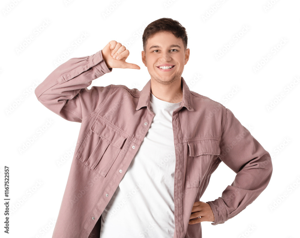Handsome young happy smiling man pointing at his smile on white background