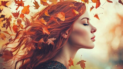 Sticker - Redhead woman with autumn leaves in her hair.