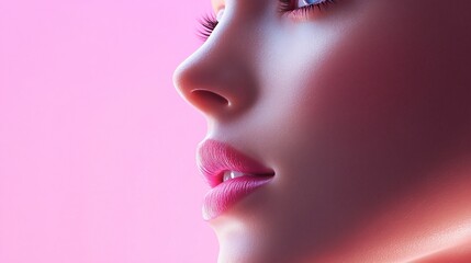 Woman's face with a pink background. The woman has a pink lip color. The image has a soft and gentle mood