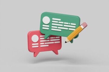 Leinwandbilder - 3D illustration of two speech bubbles with text and a pencil, representing communication and writing.