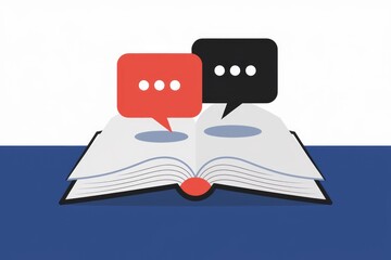 Poster - Open book with speech bubbles illustrating discussions and dialogues around its content.