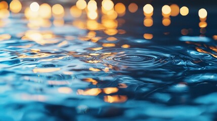 Ripples in water reflecting warm city lights.