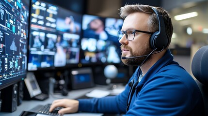 Poster - A focused professional wearing headphones monitors multiple digital screens in a modern control room, showcasing the integration of technology in business environments.