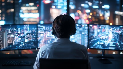Aufkleber - Person with headphones working in a modern office, overlooking multiple monitors displaying a vibrant cityscape at night, emphasizing technology and connectivity in an urban settin