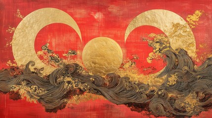 Fototapete - Abstract mythological art with Taoist yin-yang motifs and golden waves set against vibrant red tones.