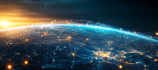 Poster - A futuristic image of a digital globe with interconnected business hubs, glowing brightly against a dark background, representing global business