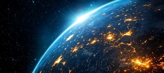 Poster - A futuristic image of a digital globe with interconnected business hubs, glowing brightly against a dark background, representing global business