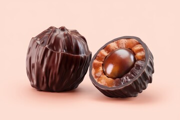 Poster - Dark chocolate bonbons with caramel filling, one whole and one half, displayed against a pale pink background.