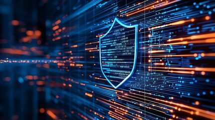 Poster - futuristic digital security concept with glowing shield symbol on a circuit board background, repres