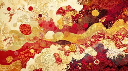 Fototapete - Abstract New Year art with intricate hand-drawn patterns in red and gold, symbolizing joy and prosperity.