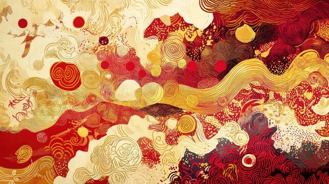 Abstract New Year art with intricate hand-drawn patterns in red and gold, symbolizing joy and prosperity.
