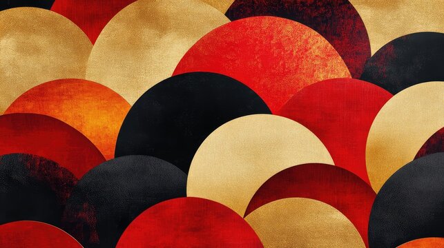 Abstract New Year celebration design with bold, overlapping patterns in red and gold, symbolizing fortune and joy.