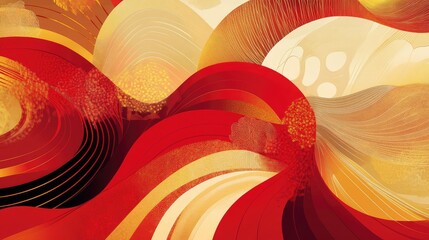 Fototapete - Abstract New Year celebration design with bold, overlapping patterns in red and gold, symbolizing fortune and joy.