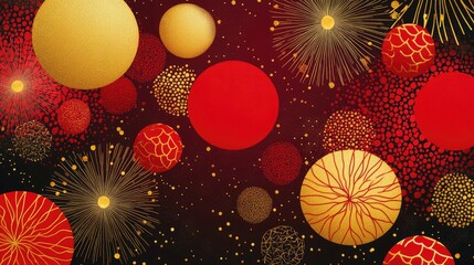 Fototapete - Abstract New Year celebration patterns with symmetrical red and gold shapes, symbolizing luck and success.
