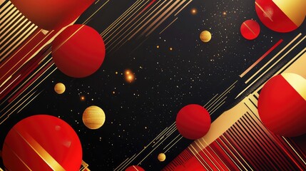 Fototapete - Abstract New Year celebration patterns with symmetrical red and gold shapes, symbolizing luck and success.