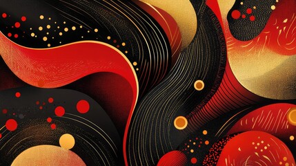 Fototapete - Abstract New Year celebration patterns with intricate red and gold shapes, evoking a sense of warmth and festivity.