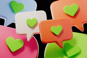 Leinwandbilder - Colorful 3D speech bubbles with green hearts, representing social media likes or comments.