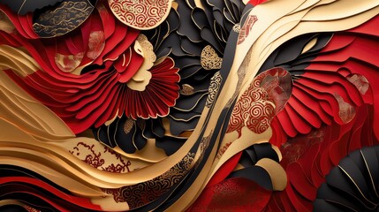 Fototapete - Abstract New Year design combining traditional paper-cutting motifs and modern red and gold patterns.