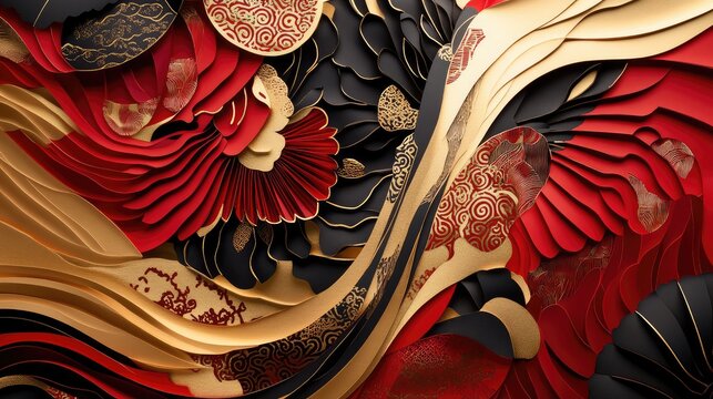 Abstract New Year design combining traditional paper-cutting motifs and modern red and gold patterns.