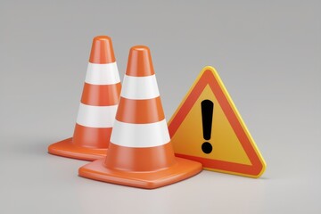 Poster - Two traffic cones and a warning sign indicate caution and potential hazards.
