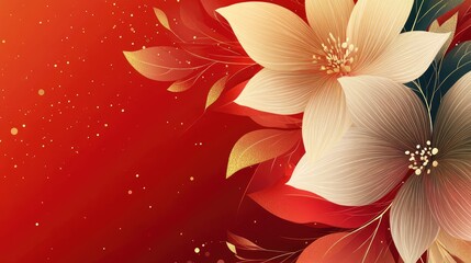 Fototapete - Abstract New Year flowers in geometric shapes, featuring golden petals and a dynamic red background.