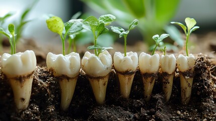 Wall Mural - Saplings sprout from a row of teeth embedded in soil.