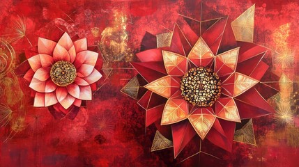 Fototapete - Abstract New Year flowers with intricate geometric shapes and radiant gold highlights on a red canvas.