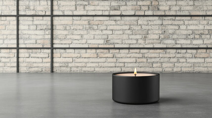 Wall Mural - A single, lit candle sits on a gray floor in front of a white brick wall. The warm light contrasts with the cool tones of the setting, creating a serene atmosphere.