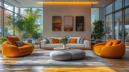 Wall Mural - Modern Living Room With Orange Armchairs And Grey Sofa