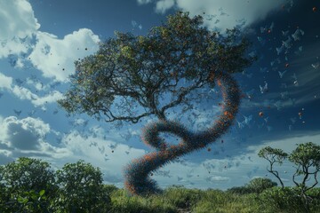 Canvas Print - Surreal tree, colorful butterflies, cloudy sky.