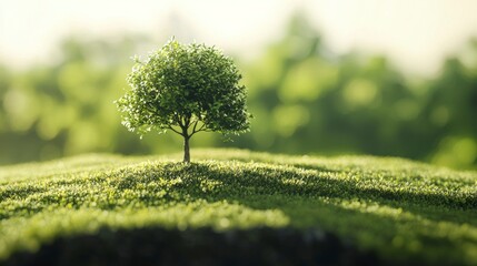 Wall Mural - Single tree on mossy hill, sunlight.